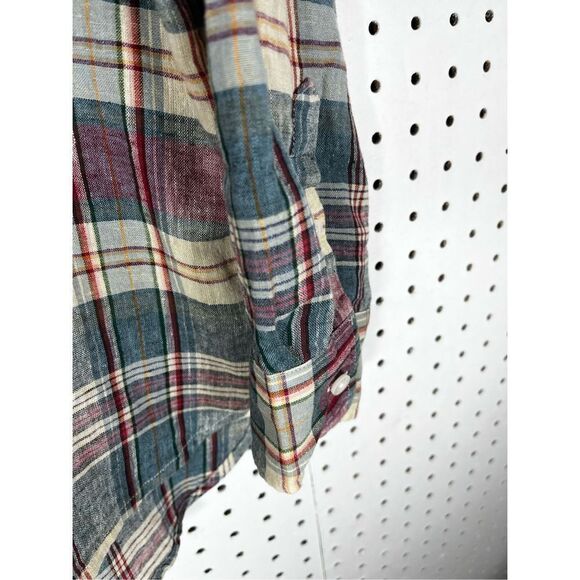 Chaps Plaid button down Henley linen blend top - Picture 3 of 7